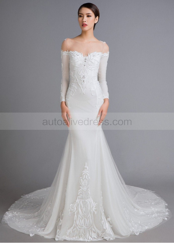 Long Sleeve Beaded Ivory Lace Satin Sheer Back Wedding Dress